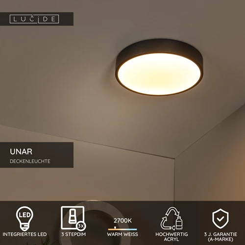 Lucide UNAR - Deckenleuchte - Ø 30 cm - LED 3 StepDim - 1x18W 2700K - Schwarz - USP